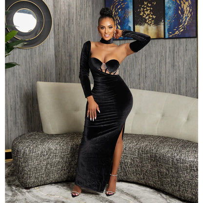 Glamorous Strapless Velvet Bodycon Dress with Matching Gloves - High Slit Long Evening Gown