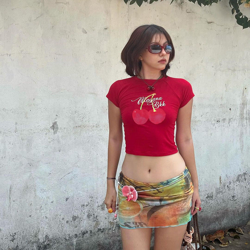 Cherry Graphic Shoulder Sleeves Slim Fit Crop T-Shirt | Exposed Navel Versatile Top
