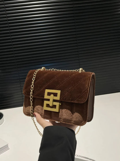 Black Velvet Chain Strap Shoulder Bag with Gold Hardware