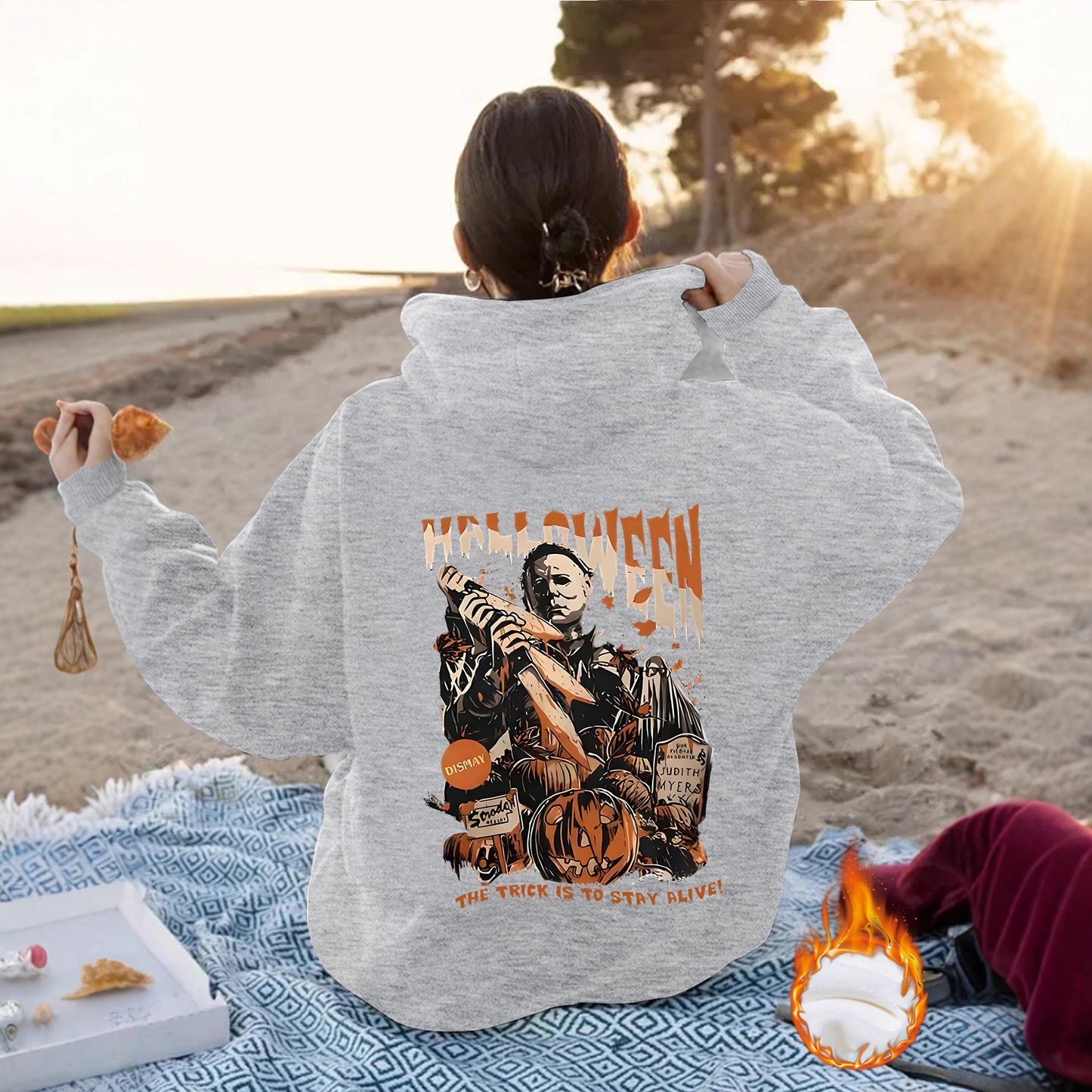 Grunge Skull Graphic Print Fleece Hoodie | Oversized Rust Brown Pullover for Streetwear