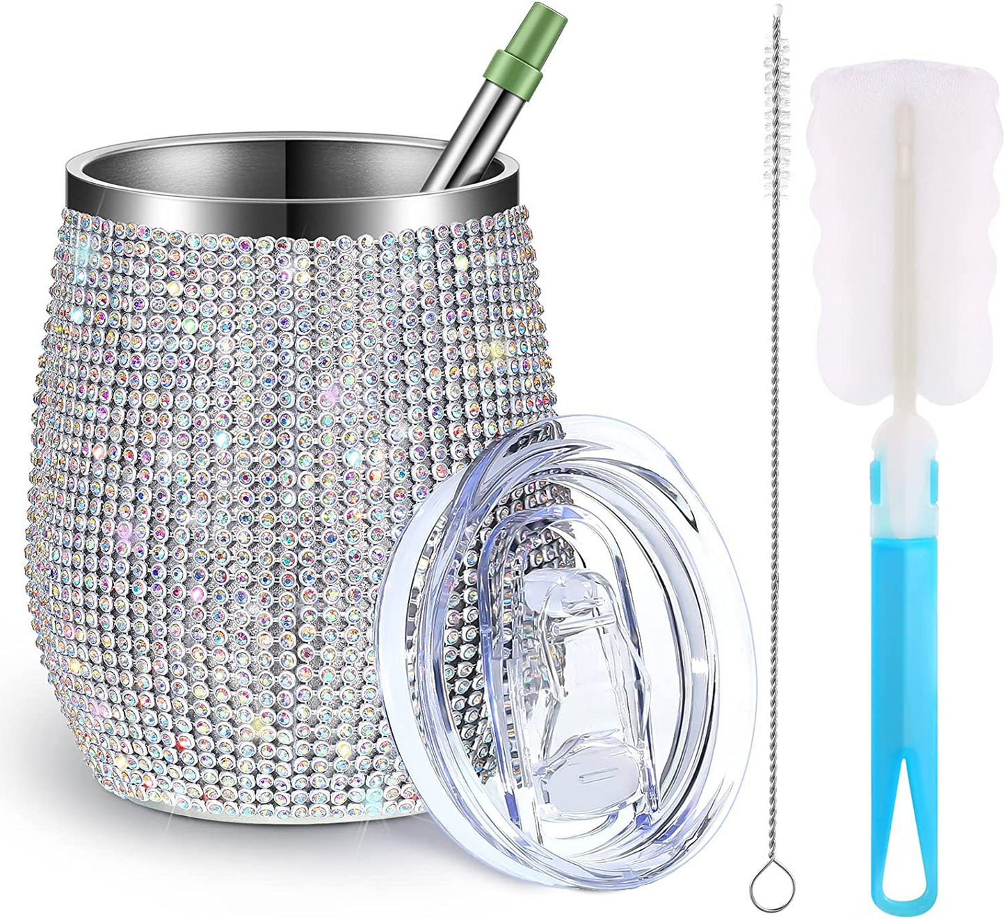 12oz Luxury Diamond Rhinestone Wine Tumbler - Insulated Stainless Steel Cup with Straw & Lid