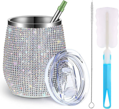 12oz Luxury Diamond Rhinestone Wine Tumbler - Insulated Stainless Steel Cup with Straw & Lid