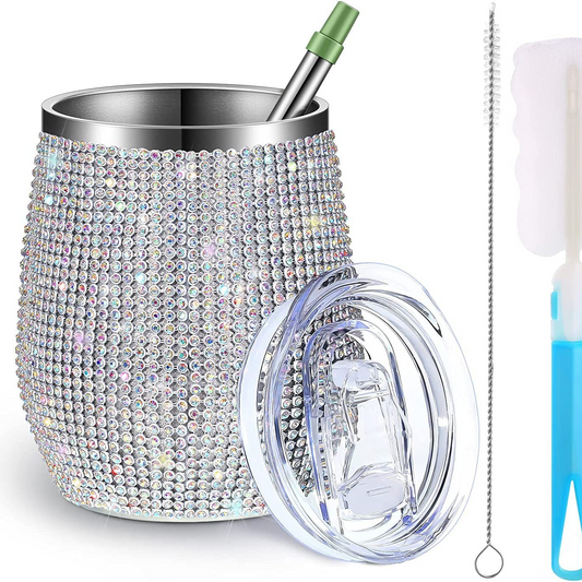 12oz Luxury Diamond Rhinestone Wine Tumbler - Insulated Stainless Steel Cup with Straw & Lid