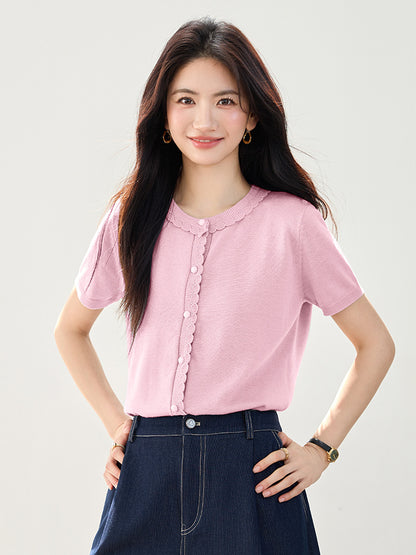 Chic Ice Silk Knit Short Sleeve Top - Lightweight Casual T-Shirt for Women