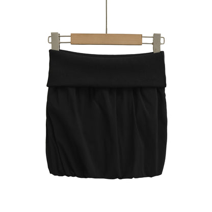 Trendy High-Waisted Khaki Bubble Skirt - Chic Wide Folded Mini Skirt