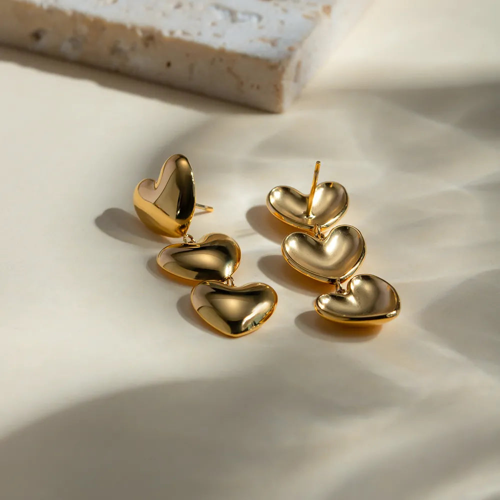 Dainty Stainless Steel Triple Heart Drop Earrings