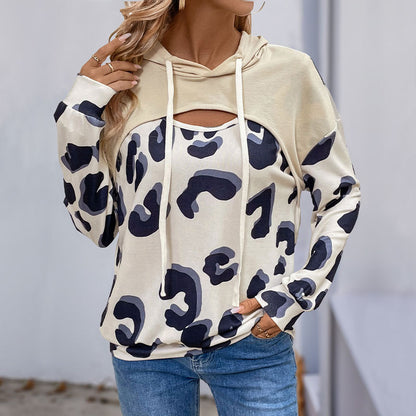 Leopard Print Patchwork Hollowed Out Hooded Sweatshirt | Fake Two-Piece Pullover Top