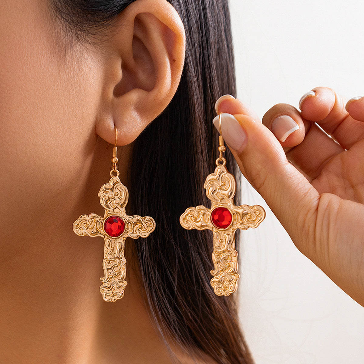 Palace Style Cross Pendant Necklace & Earring Set with Red Gemstones