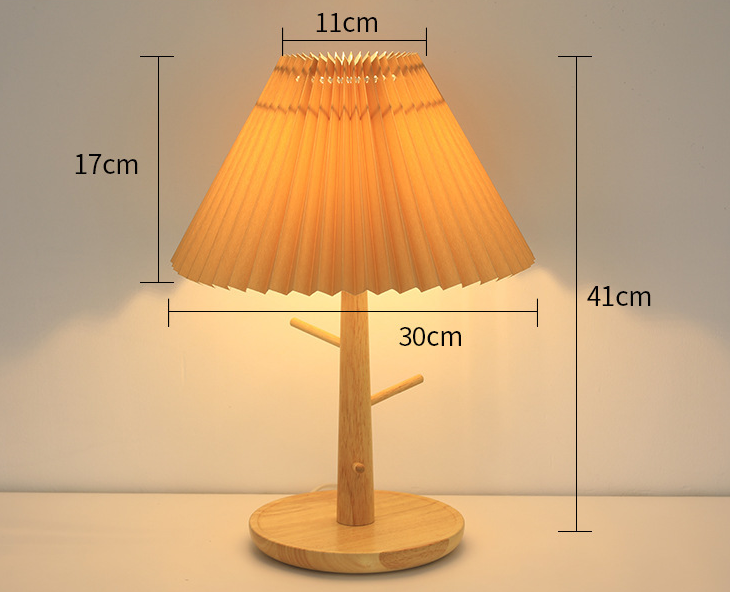 Nordic Vintage Pleated Lampshade Bedside Lamp / Modern Cozy Table Lamp with Wooden Stand for Bedroom & Living Room