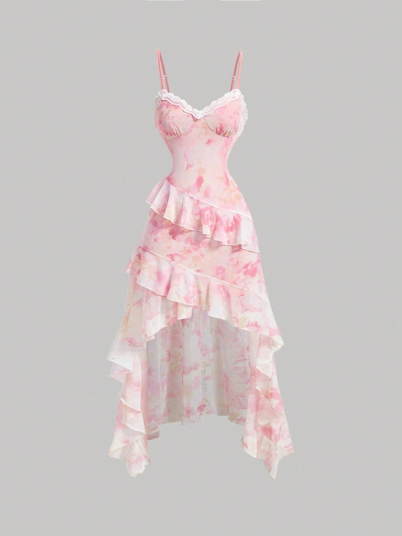 Elegant Floral Mesh Camisole Dress - High-Low Ruffle Asymmetrical Skirt