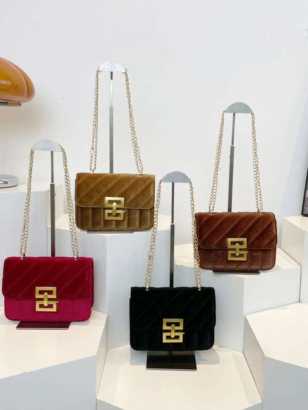 Black Velvet Chain Strap Shoulder Bag with Gold Hardware