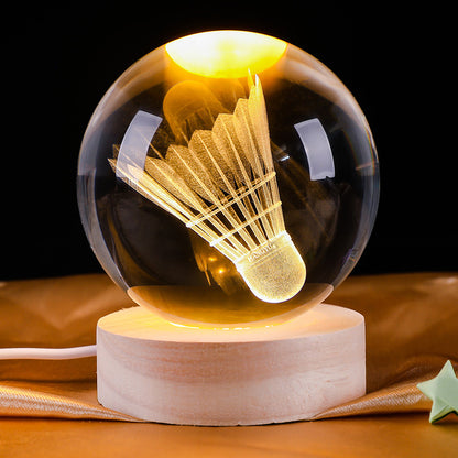 3D Inner Carved Crystal Ball Night Light – Creative Badminton Shuttlecock LED Lamp