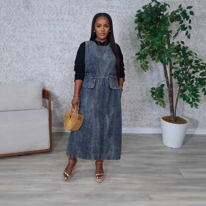Women's Casual Round Neck Loose Mid-Length Washed Sleeveless Dress