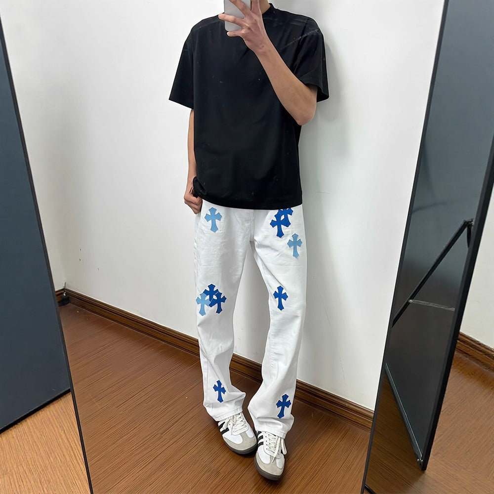 Men's Urban Street-Style White Flared Jeans | Graphic Print Slim Fit Denim