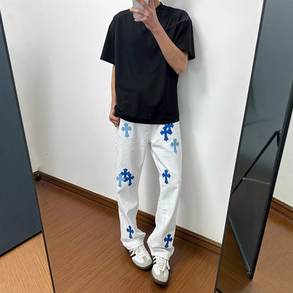 Men's Urban Street-Style White Flared Jeans | Graphic Print Slim Fit Denim