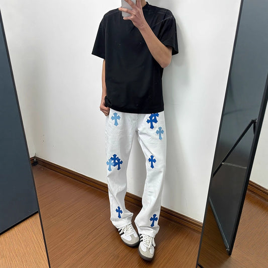 Men's Urban Street-Style White Flared Jeans | Graphic Print Slim Fit Denim
