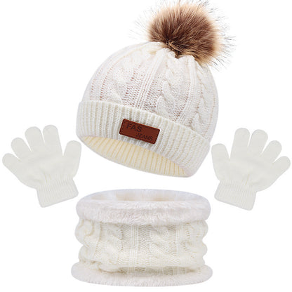 Toddler Autumn Winter Warm Beanie Set with Faux Fur Pom Pom