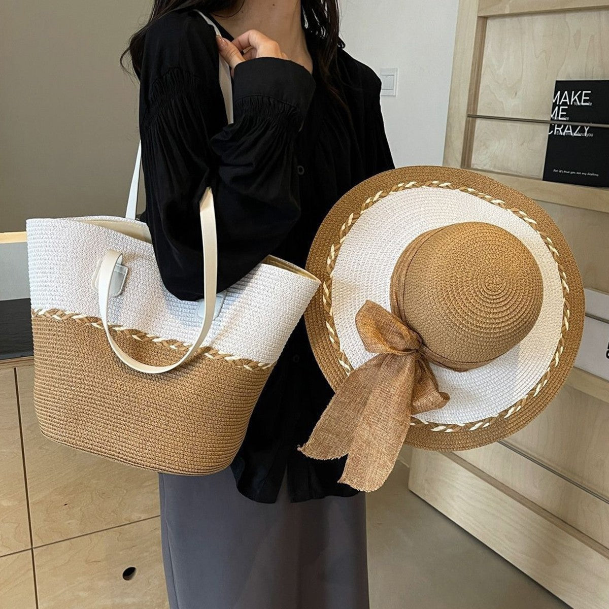 Women's Summer Straw Tote Bag & Wide-Brim Sun Hat Set