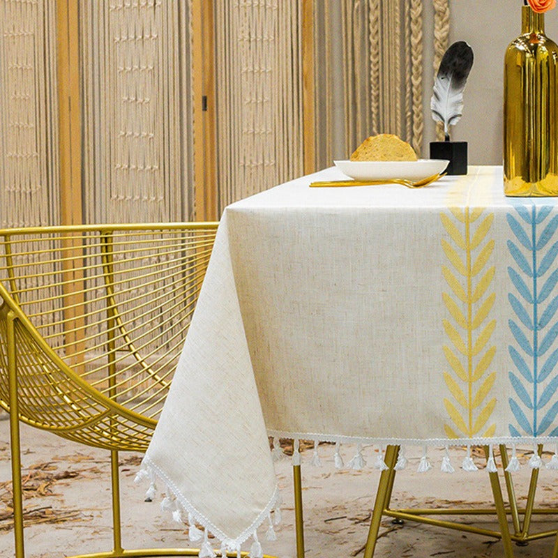 Premium Linen Rectangular Tablecloth – Simple Fabric Dining Table Cover with Elegant Tassels & Embroidery