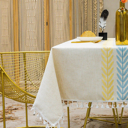 Premium Linen Rectangular Tablecloth – Simple Fabric Dining Table Cover with Elegant Tassels & Embroidery