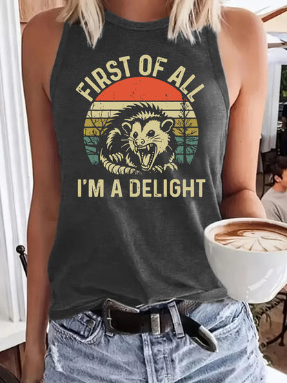First of All, I'm a Delight' Lion Print Loose Vest | Funny Slogan Graphic Tank Top