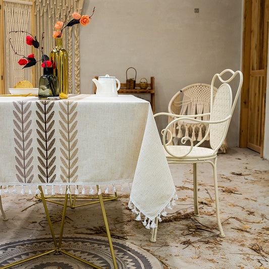 Premium Linen Rectangular Tablecloth – Simple Fabric Dining Table Cover with Elegant Tassels & Embroidery