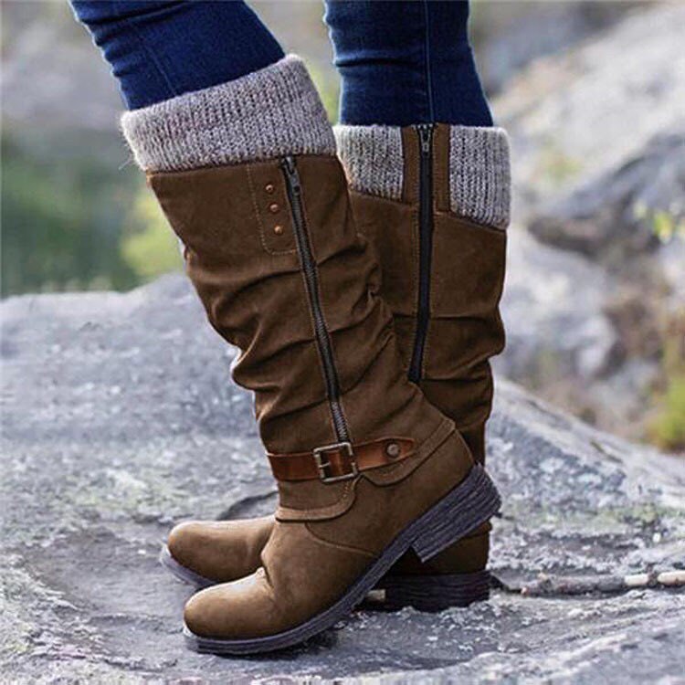 Women's Thick Heel Yarn Splicing Mid-Calf Boots with Side Zipper