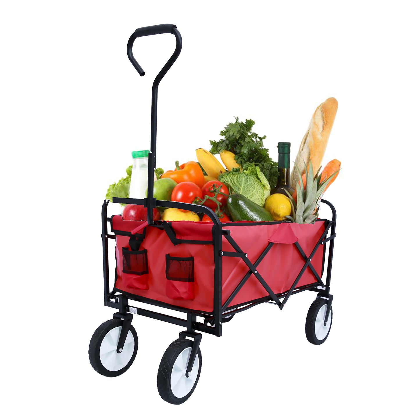 Folding Wagon Garden Shopping Beach Cart – Heavy Duty Red Utility Cart