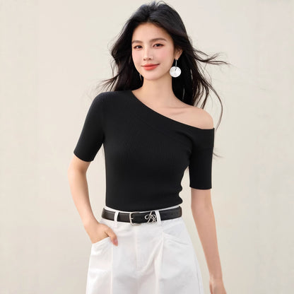 Off-Shoulder Waist Cinched Mid Sleeve T-Shirt - Summer High-End Top