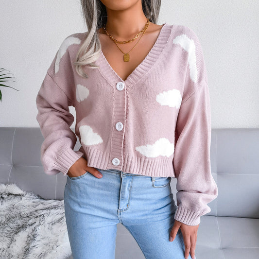 Dreamy Cloud Print Knitted Cardigan - Soft V-Neck Button-Up Sweater