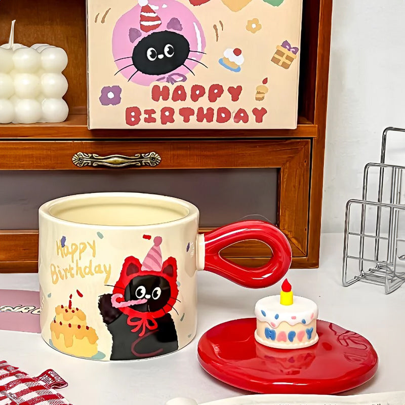 Adorable Cartoon Cat Birthday Ceramic Mug with Lid and Gift Box