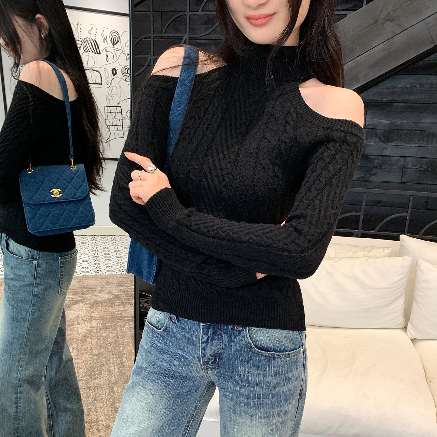 Sexy High Neck Off-Shoulder Cable Knit Sweater – Unique Fitted Cold Shoulder Pullover for Women