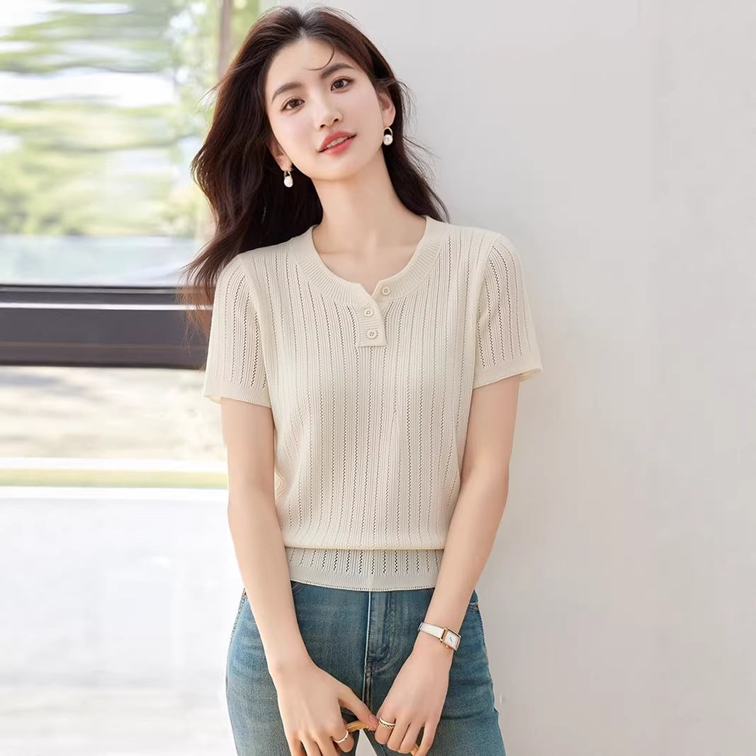 Women's Ice Silk Knit T-Shirt - Regular Shoulder Elegant Summer Top