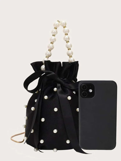 Elegant Pearl Embellished Solid Color Bucket Bag (Drawstring)