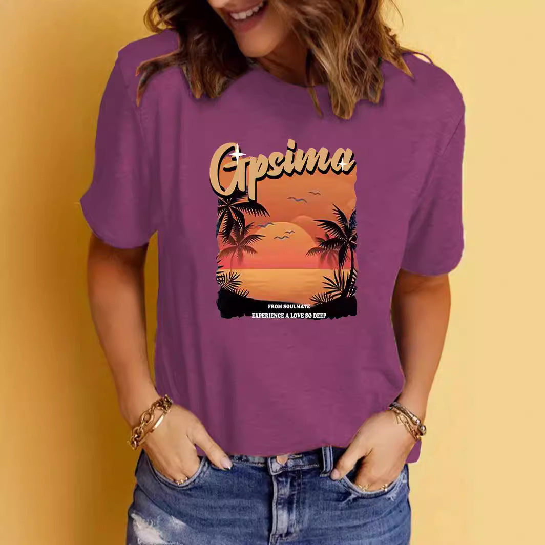 GPSIMA Sunset Beach Printed Round Neck Short Sleeve T-Shirt | Graphic Vacation Tee