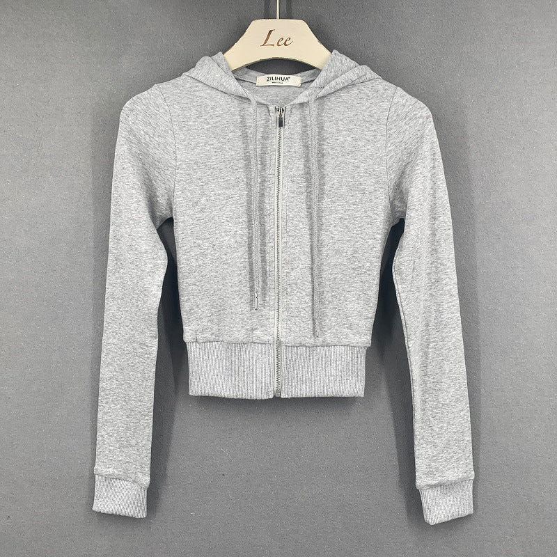 Slim Fit Cropped Zip-Up Hoodie - Peach Pink Lightweight Hooded Sweatshirt for Women