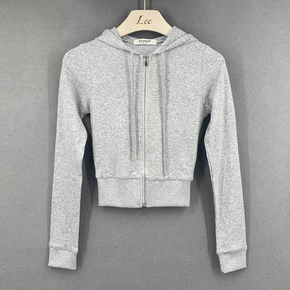 Slim Fit Cropped Zip-Up Hoodie - Peach Pink Lightweight Hooded Sweatshirt for Women