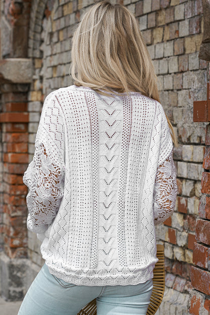 Boho Chic Crochet Knit Sweater - Breezy White Pointelle Pullover