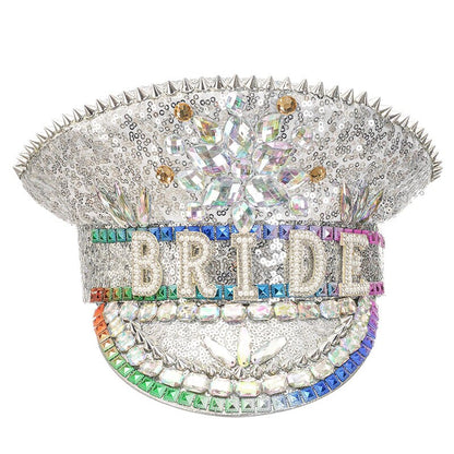 Luxury Handmade "BRIDE" Rhinestone Captain Hat - Sparkling Sequined Wedding & Party Cap