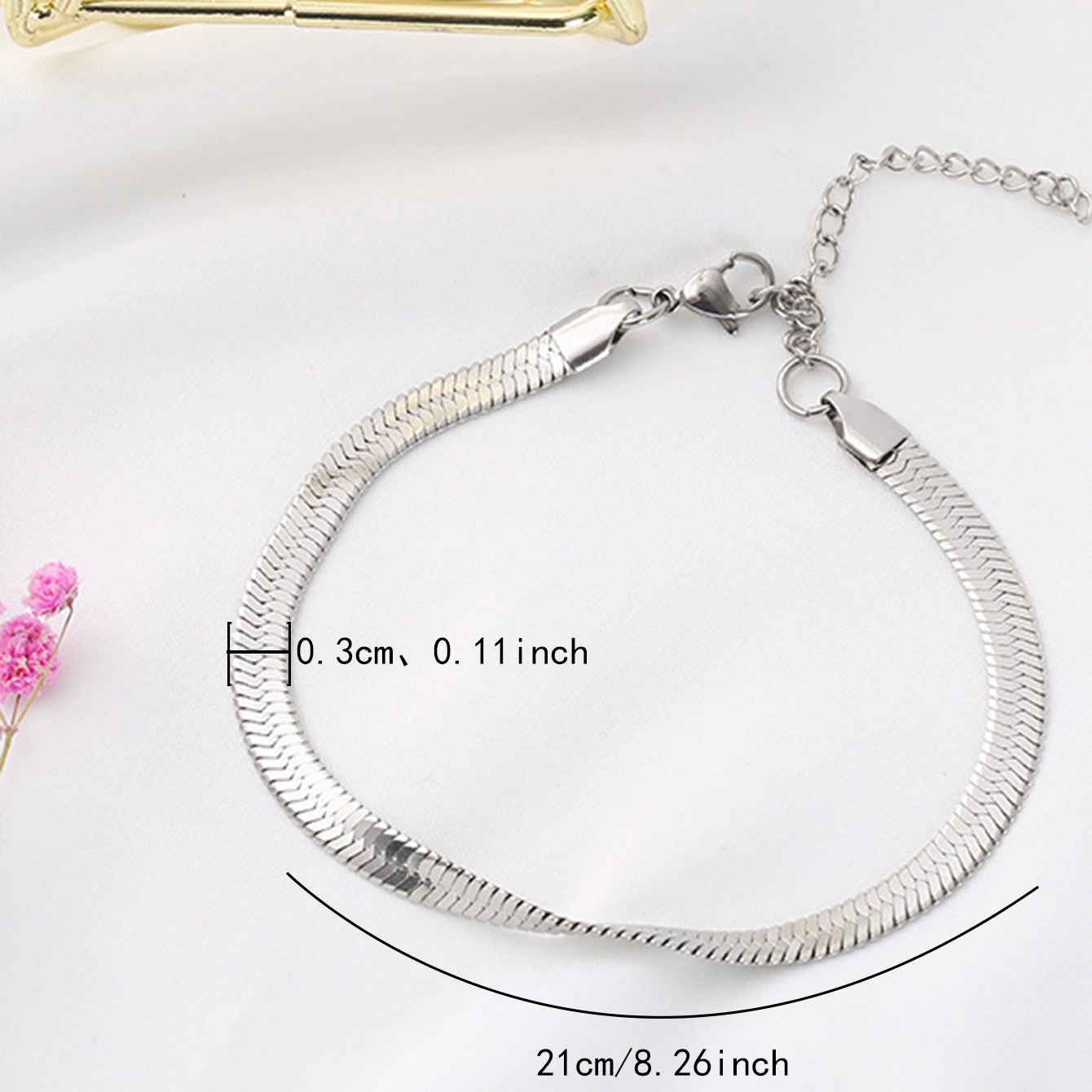Minimalist Herringbone Flat Chain Heart Charm Bracelet for Women