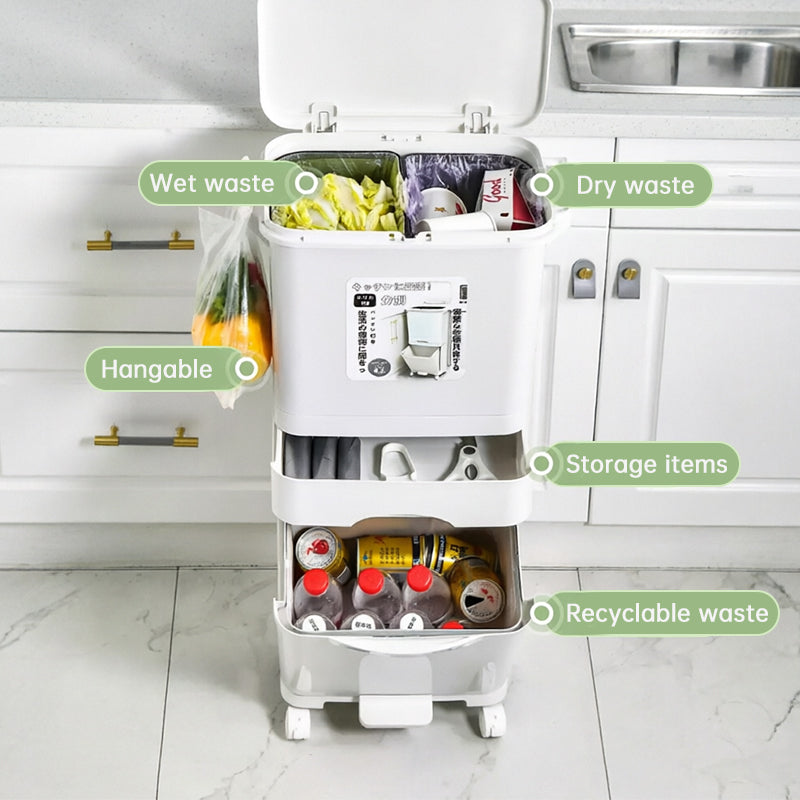 42L Kitchen Trash Can 3 Compartments with Pedal & Wheels