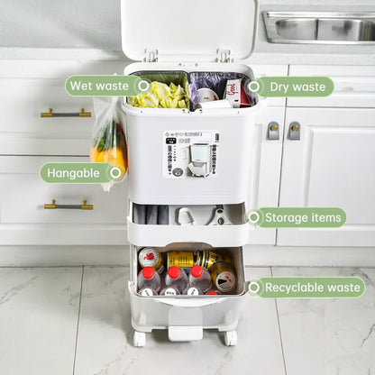 42L Kitchen Trash Can 3 Compartments with Pedal & Wheels