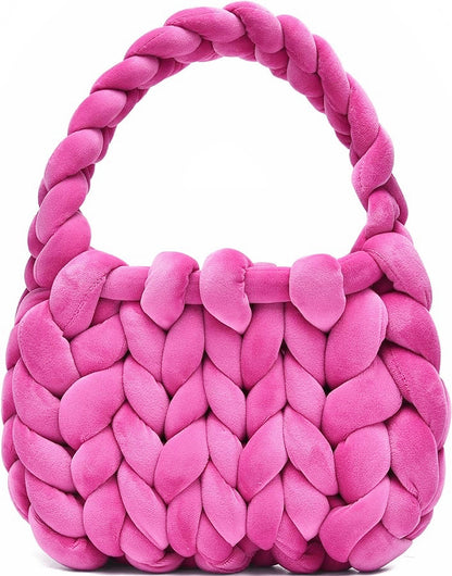 Chunky Hand-Knitted Velvet Yarn Shoulder Bag - Pink