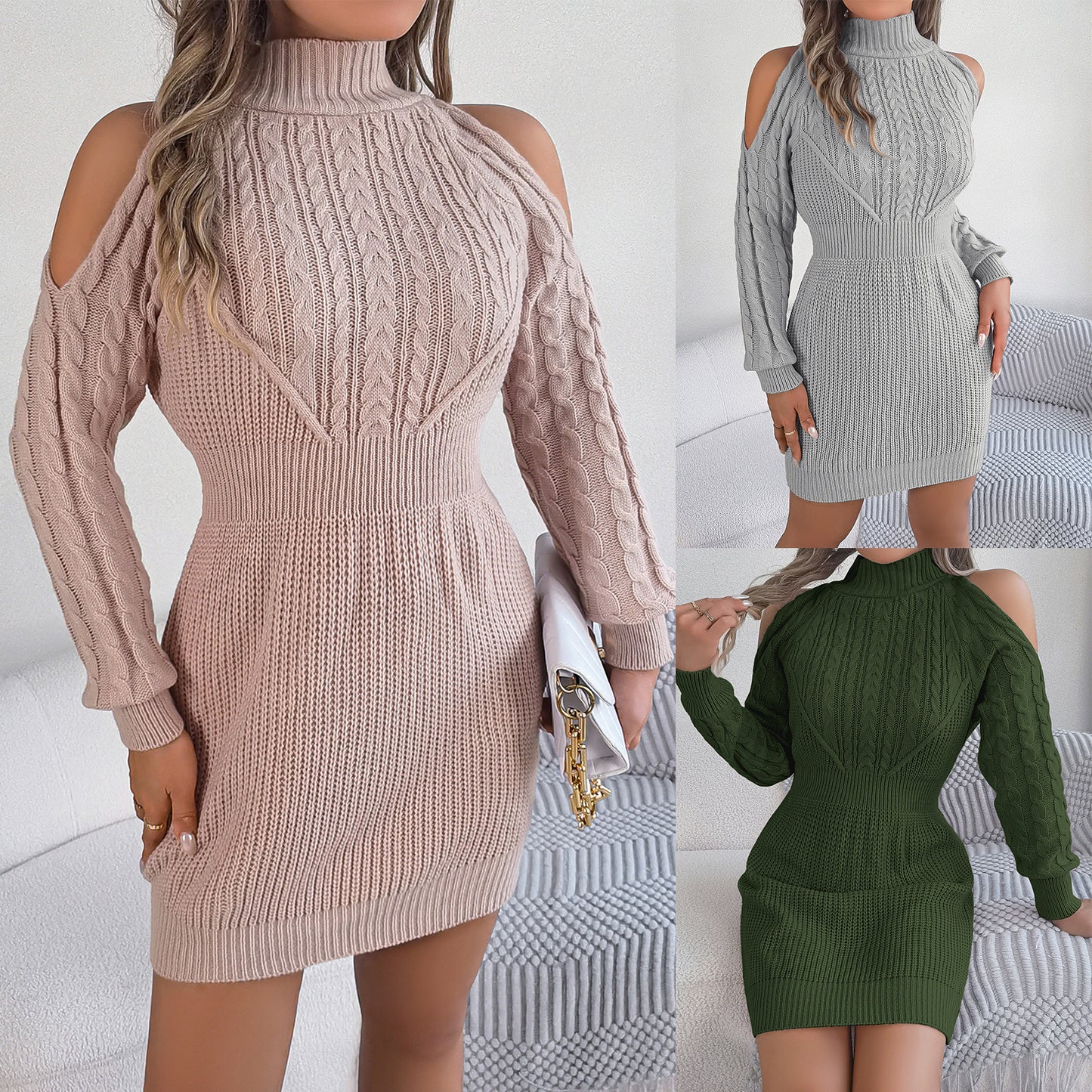 Elegant Turtleneck Lantern Sleeve Knitted Dress - Cozy Autumn & Winter Style