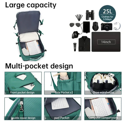Green travel backpack with large 25L capacity, multi-pocket design, shoe compartment, and laptop sleeve.