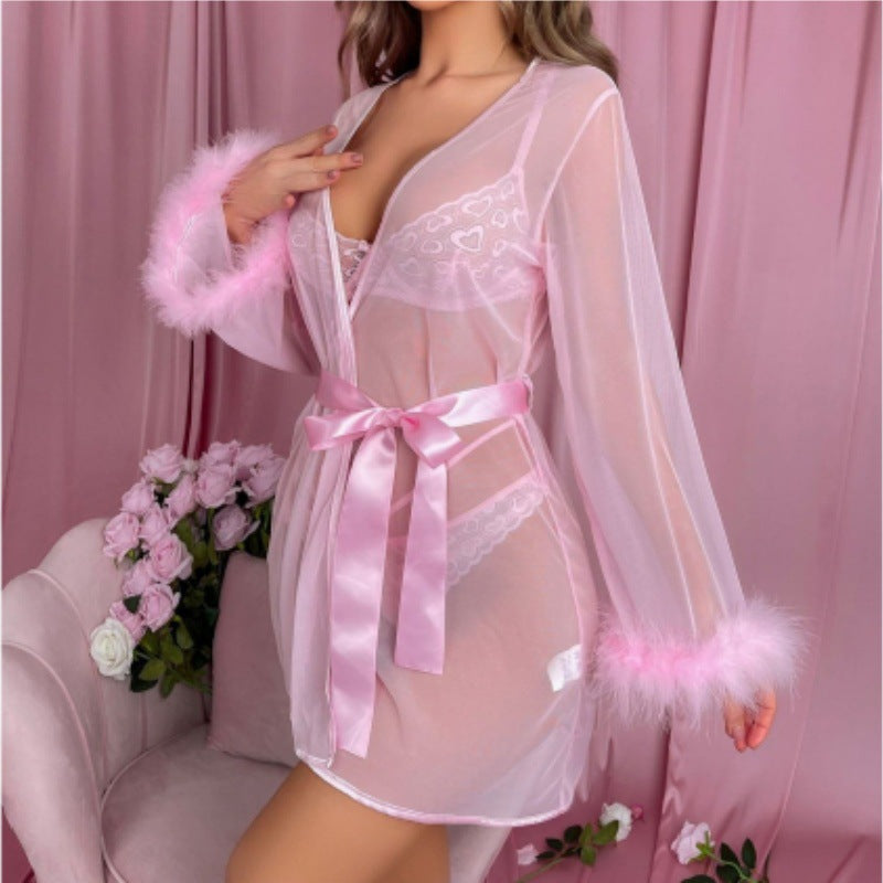 Christmas Lace See-Through Lingerie Set - Fur Trim Three Piece Nightgown