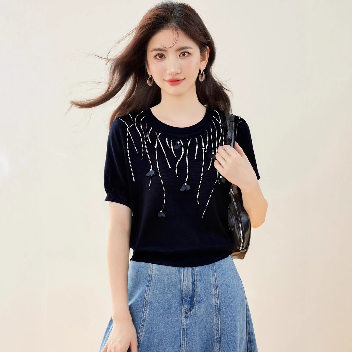 Chic Embellished Sequin Beaded Knit Top - Round Neck Office Casual Style