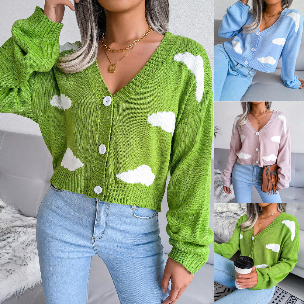 Dreamy Cloud Print Knitted Cardigan - Soft V-Neck Button-Up Sweater