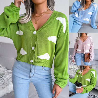 Dreamy Cloud Print Knitted Cardigan - Soft V-Neck Button-Up Sweater