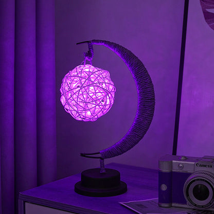 LED Star in Moon Night Light with Hemp Rope and Iron Art Base